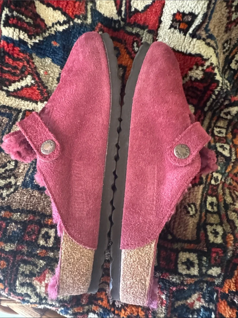 Burgundy wool lined Boston Birkenstocks 36